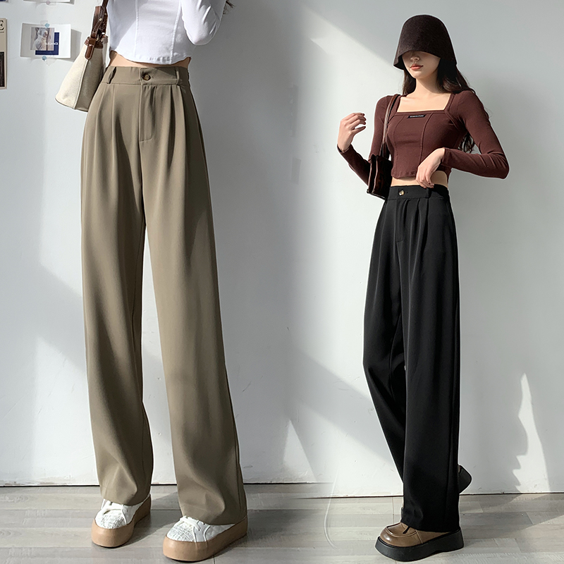 Real shooting Wang fried elite style ~ high-grade camel casual pants women's spring and autumn straight tube floor dragging wide leg suit pants large