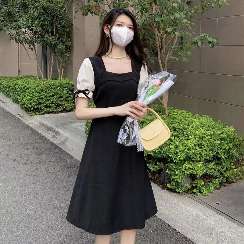 2023 summer new color contrast square collar puff sleeve waist mid-length dress women's small temperament skirt