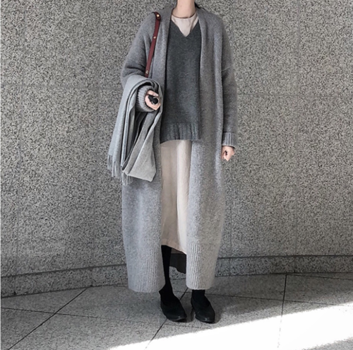 Autumn and winter new Korean chic style long knitted cardigan over the knee lace up fork loose sweater coat women