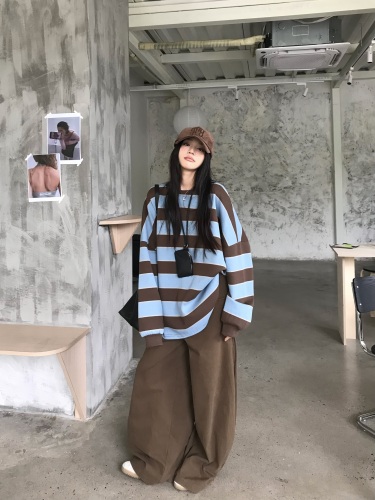 Classic Striped Color Block Sweater Loose + Lazy Style Loose Wide Leg Floor-Mopping Pants for Women