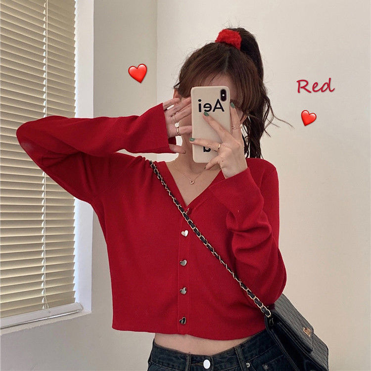 2022 autumn and winter new women's clothing gentle wind ice silk red knitted cardigan coat v-neck bottoming short top clothes