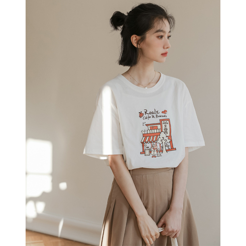 Real shot 22 spring new print pattern loose and thin round neck cotton T-shirt women's Casual Short Sleeve bottomed top