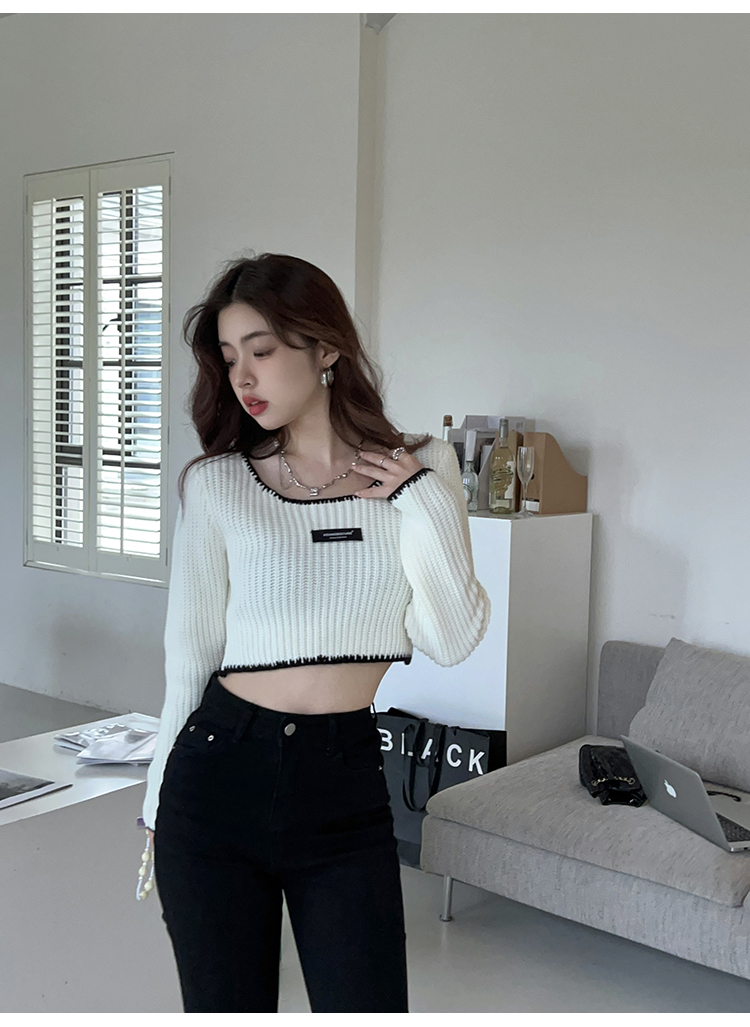 Pure Desire Style Short Clavicle Long Sleeve Knit Sweater Women's Autumn 2022 New Style Thin High Waist Strap Temperament Top