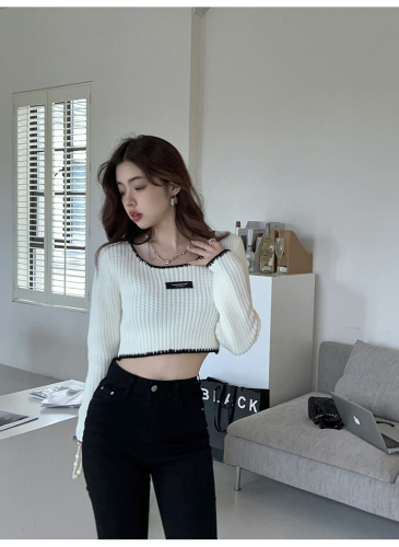 Pure Desire Style Short Clavicle Long Sleeve Knit Sweater Women's Autumn  New Style Thin High Waist Strap Temperament Top