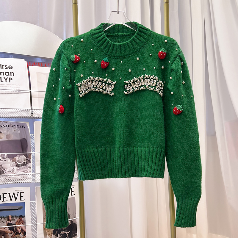 Real shot South Korea Dongdaemun handmade bead hot diamond strawberry sweater women