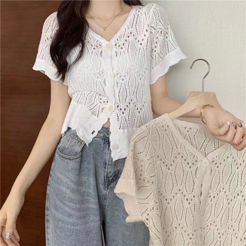 Summer dress foreign style short sleeve cardigan top hollow thin knitwear coat female