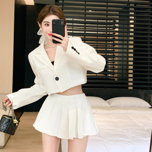 Real shot college style short suit jacket women's 2023 spring new high waist pleated skirt pants suit