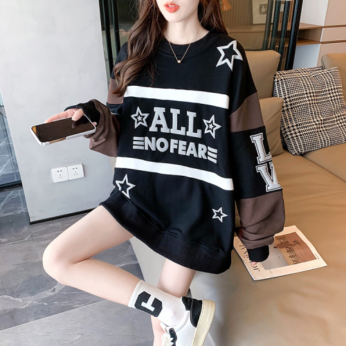 Real shot spring 280g twill 100 polyester fiber Korean style contrast color splicing thin pullover women's sweater