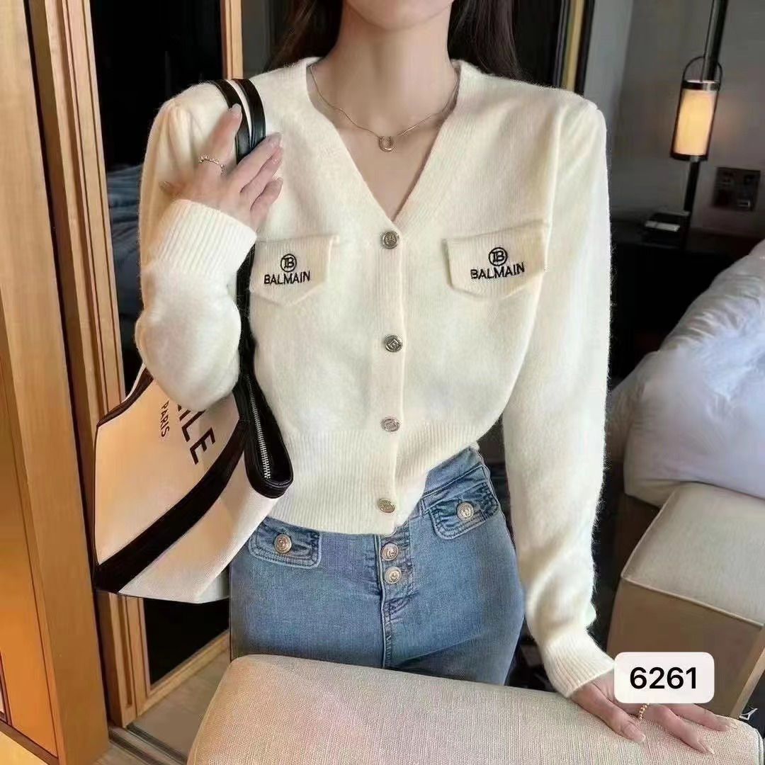 Xiaoxiangfeng blue short knitted cardigan women's 2022 autumn new fashion high-end foreign style long-sleeved round neck coat
