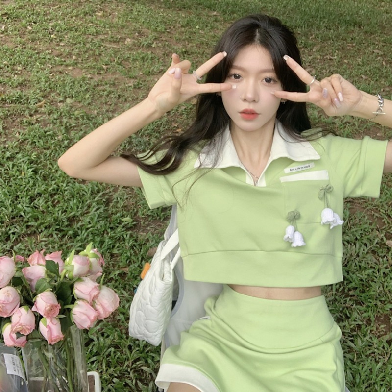 Official picture imitation cotton twill fashion suit skirt women summer Polo collar top skirt two-piece suit
