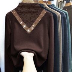 Long sleeve half high neck lace bottoming shirt with hot drill and warm fleece