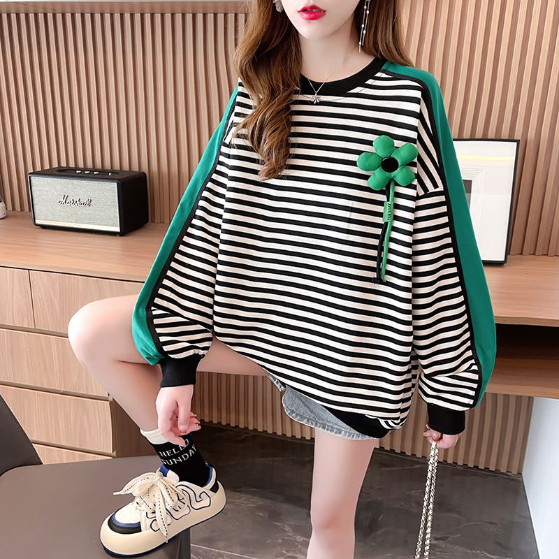 Real shot-autumn Korean version loose back collar stripe large size women's hoodie female