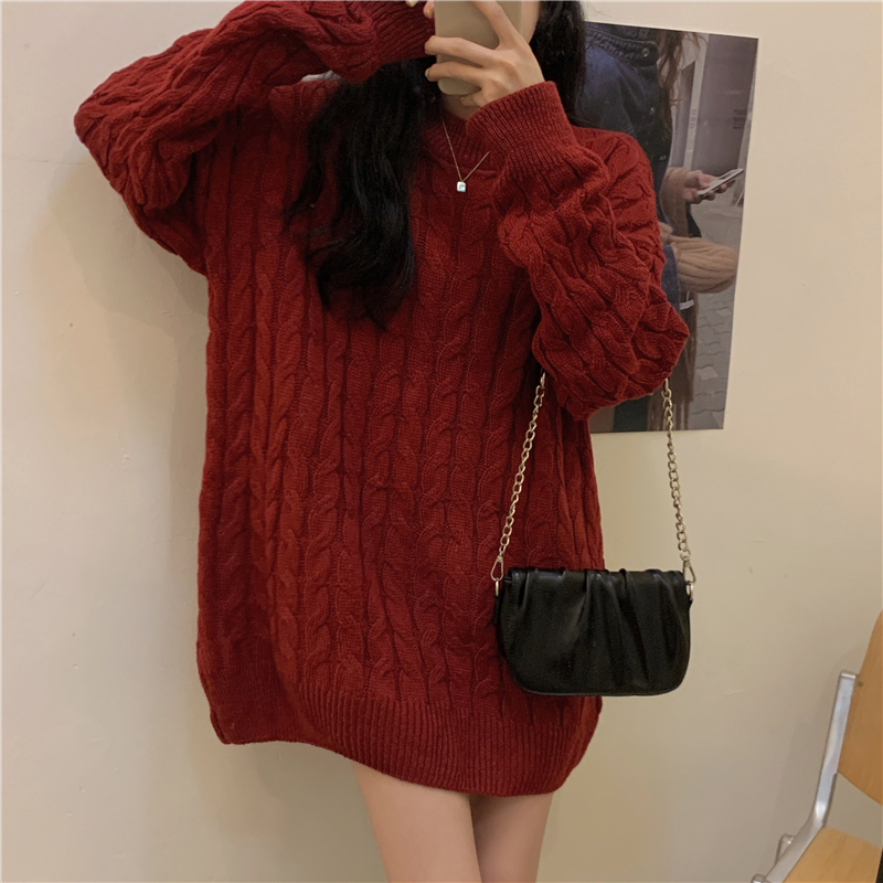 Real price real shot Loose and thick lazy wind thick wool linen pattern sweater mid-length + long