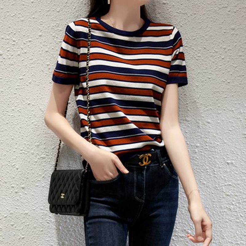 Striped knitted T-shirt women's short sleeve casual summer new Korean loose and thin nano cotton round neck Pullover