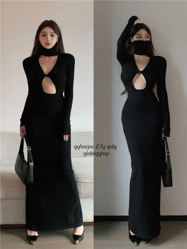 Real shot real price ins hot girl chest hollow design sense high collar waist waist thin big skirt knitted bottoming long skirt