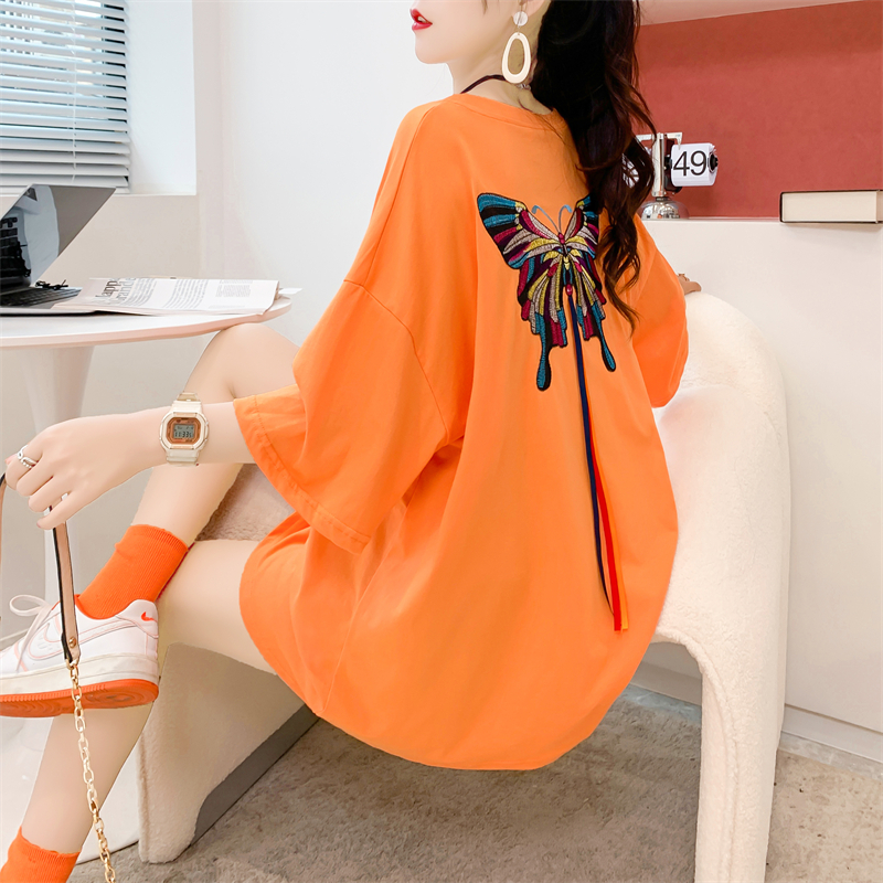 Real shot of pure cotton 2023 summer loose mid-length embroidery short-sleeved tT women's top tide