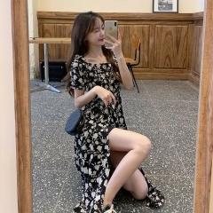 Dark night rose 2022 summer lean cover meat French split chiffon skirt vintage floral dress female