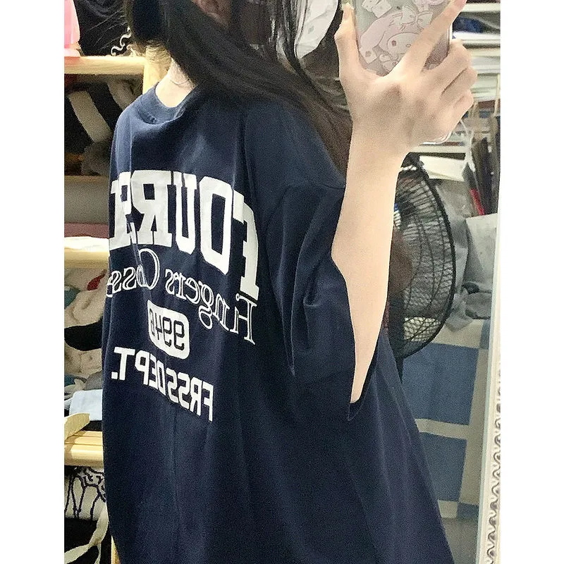 Official image of dropped shoulder loose fit 200g pure cotton back hemmed short-sleeved T-shirt with print