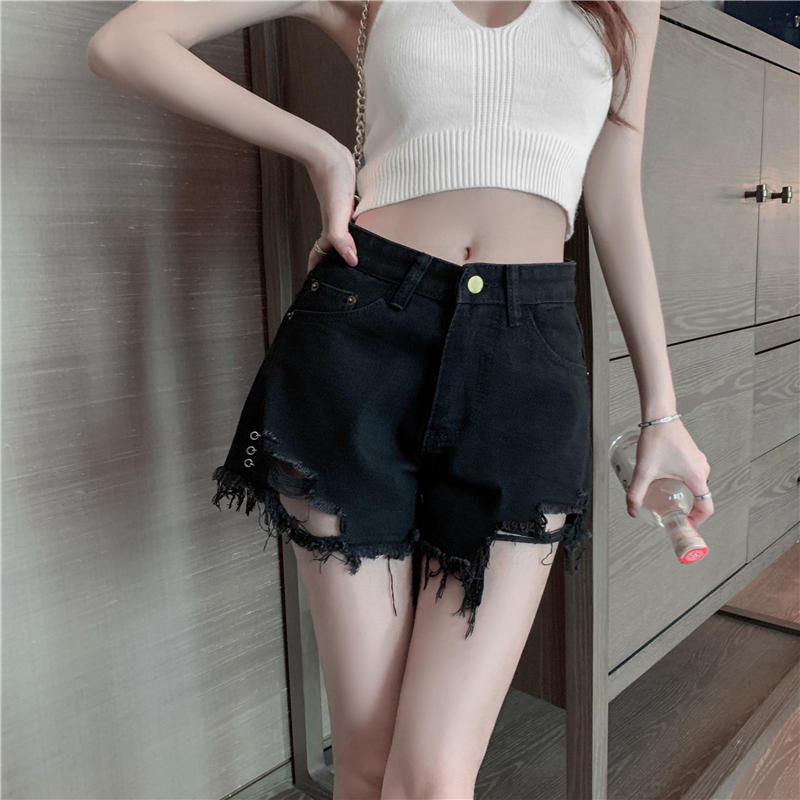 Real shooting # new style of pierced burr denim shorts women's high waist fat mm loose and thin wearing fashion A-shaped short hot pants