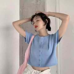 Konjac purple lazy style short sleeve knitted cardigan coat women's slim fit short open navel top spring new