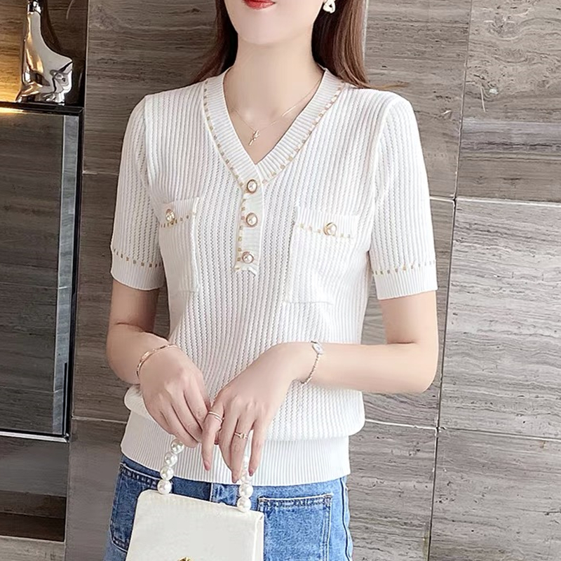 2022 xiaoxiangfeng ice silk sweater women's loose hollow out V-neck top high waist thin summer new short sleeve T-shirt