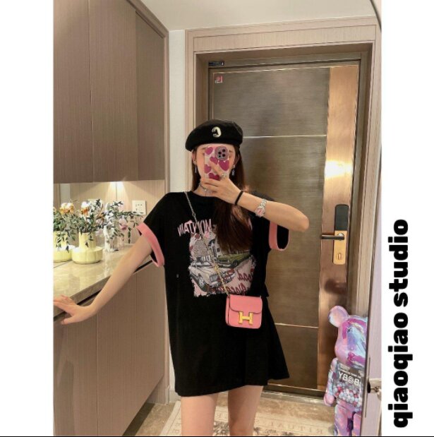 2022 New Retro color contrast print, slim waist, short sleeve T-shirt skirt, women's American dress