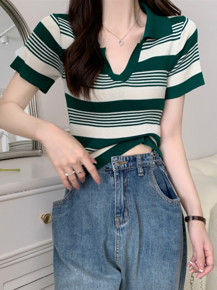 Straight shoulder stripe knitted short sleeve T-shirt women's summer polo collar chic and beautiful unique beautiful short top