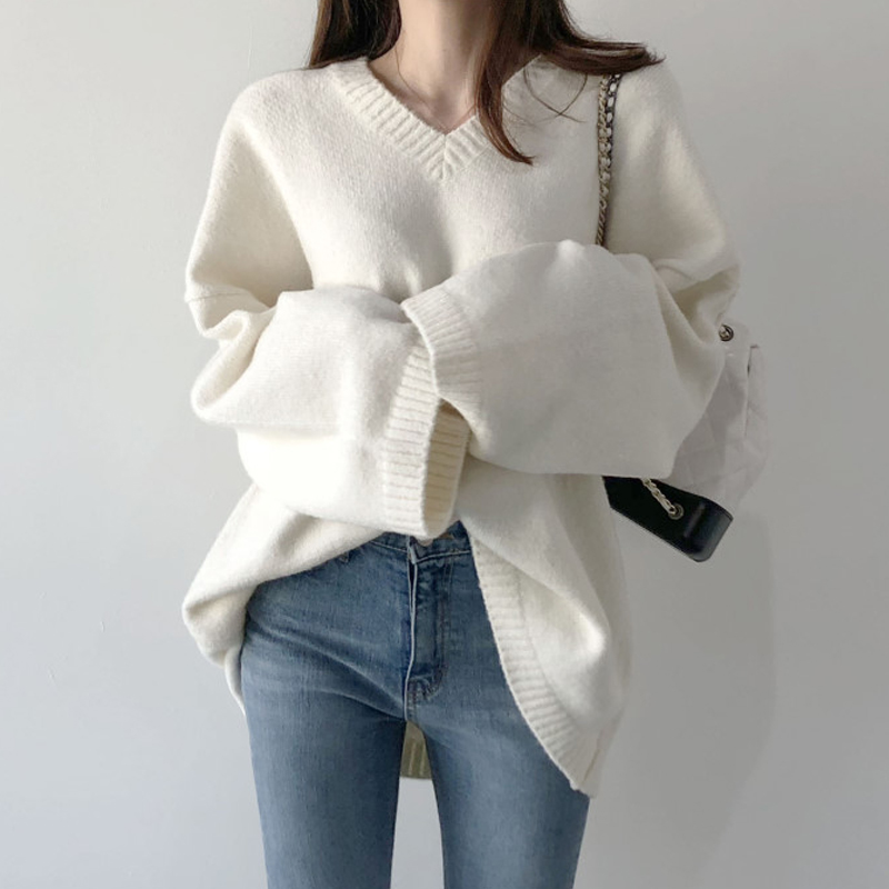Collar Pullover solid color loose T-shirt for women to wear thin Korean versatile lazy sweater with split coat