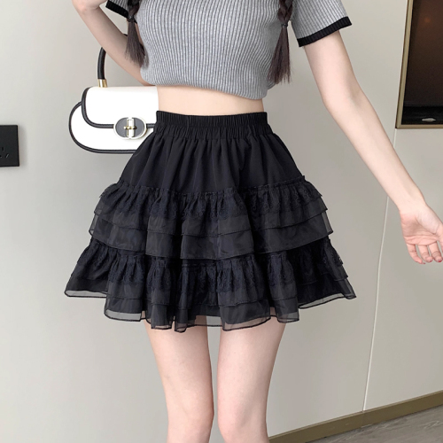 Cake skirt Korean style summer solid color petite sweet mesh lace high waist culottes A-line puffy skirt