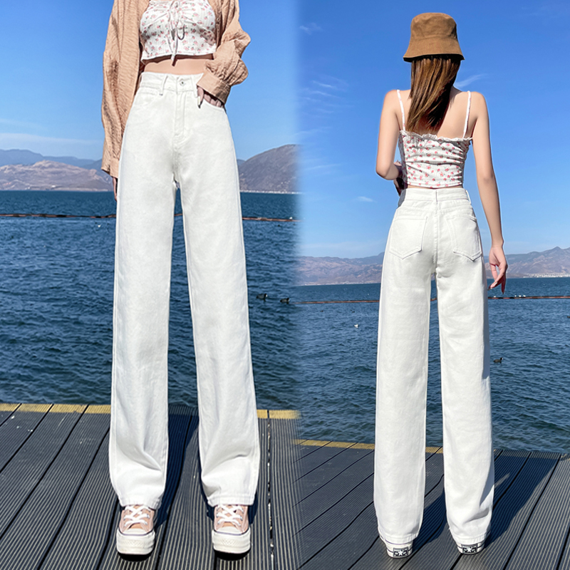 2022 high-waisted wide-leg pants jeans women's winter loose and thin drapey mopping pants straight-leg pants