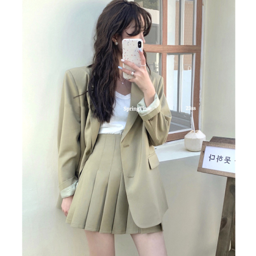 Korean style suit suit 2023 new spring and autumn age-reducing single-breasted suit jacket + pleated skirt two-piece set