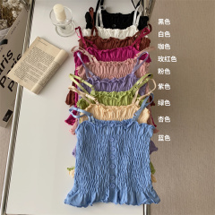 Real shot real price Korean version versatile button fold sling thin wood ear vest short bottomed top sling