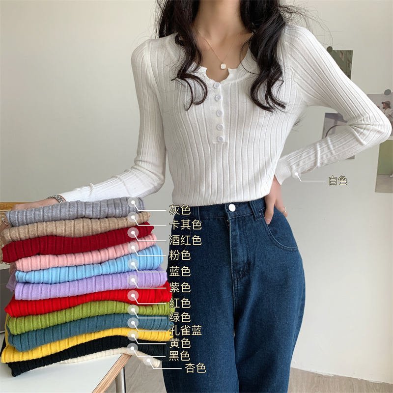 Real shooting real price autumn and winter Korean version gentle wind long sleeve sweater female student slim fit with bottomed Shirt Top