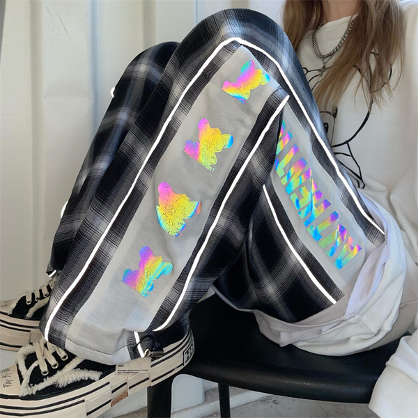 Real fashion brand men's and women's reflective thin plaid pants casual pants hip hop loose pants sports pants