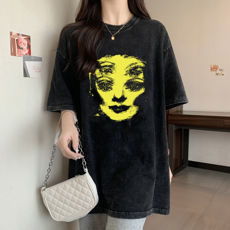 Real Shot-Summer 100% Cotton 220g Cotton Washed Old Loose Short-sleeved T-shirt Women's Loose