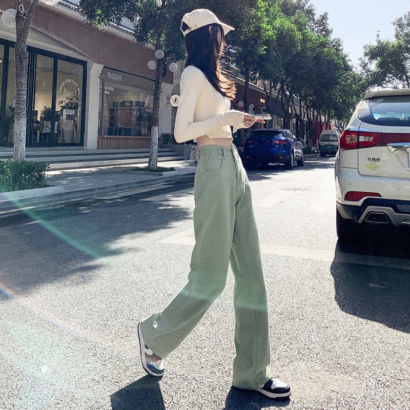 Real shooting loose high waist fresh color straight Wide Leg Jeans thin and high floor dragging trousers and trousers in autumn