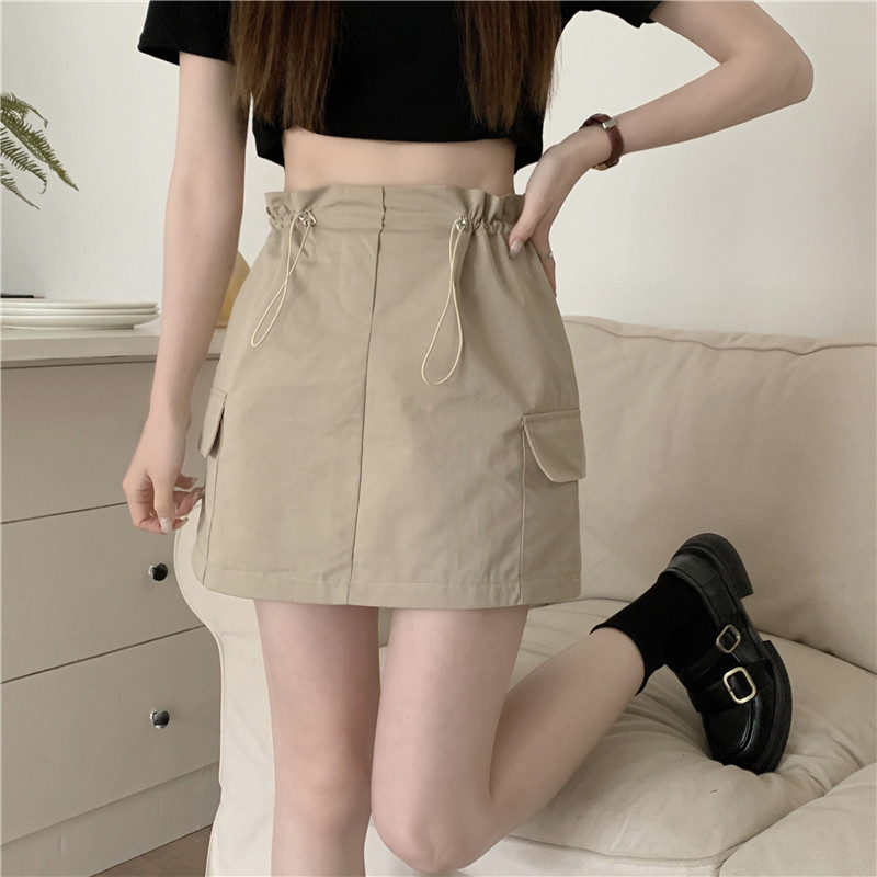 Real shot drawstring waist pleat A word bag hip skirt women's tooling pocket meat skirt