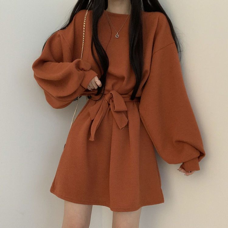 Ghost horse girl Lantern Sleeve loose with belt short dress