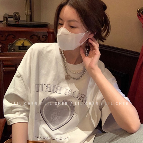 Cotton 2022 Korean love printed short sleeve T-shirt loose and versatile top fashion