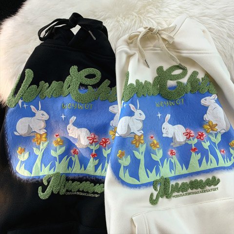 250g Sweater + Printed Towel Embroidery + Pull Shoulder Bag Collar Double Hooded Sweater Women's Sweet Cool Top