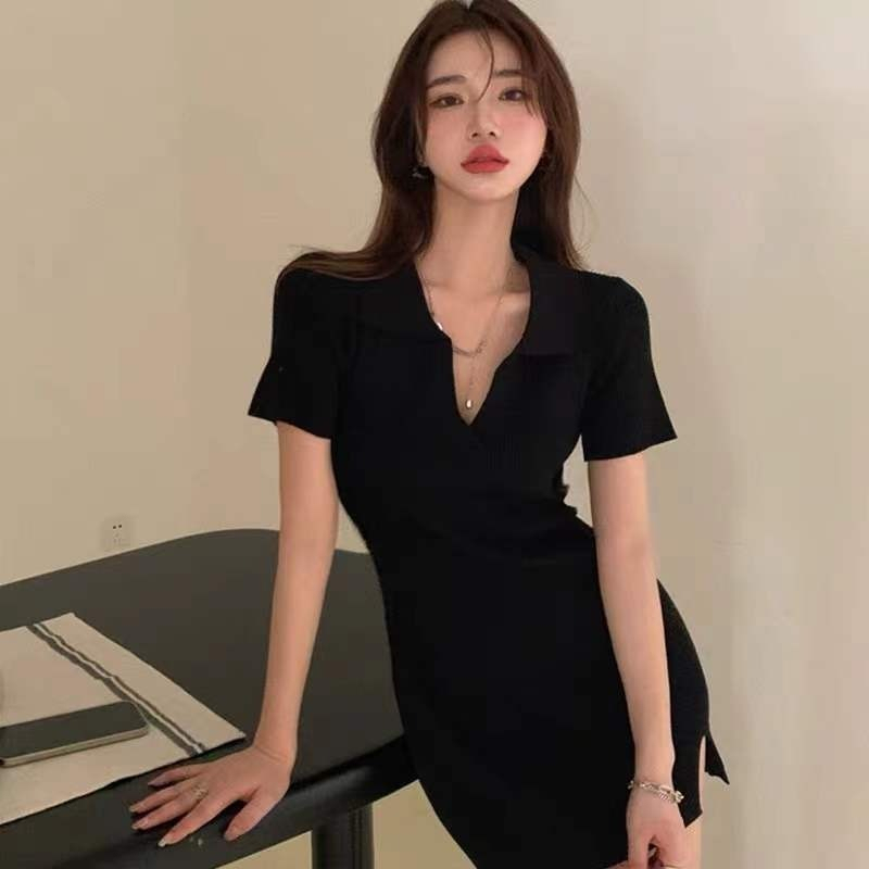 Hot girl pure desire style sexy black slim slim temperament bag hip small v-neck slit dress summer skirt