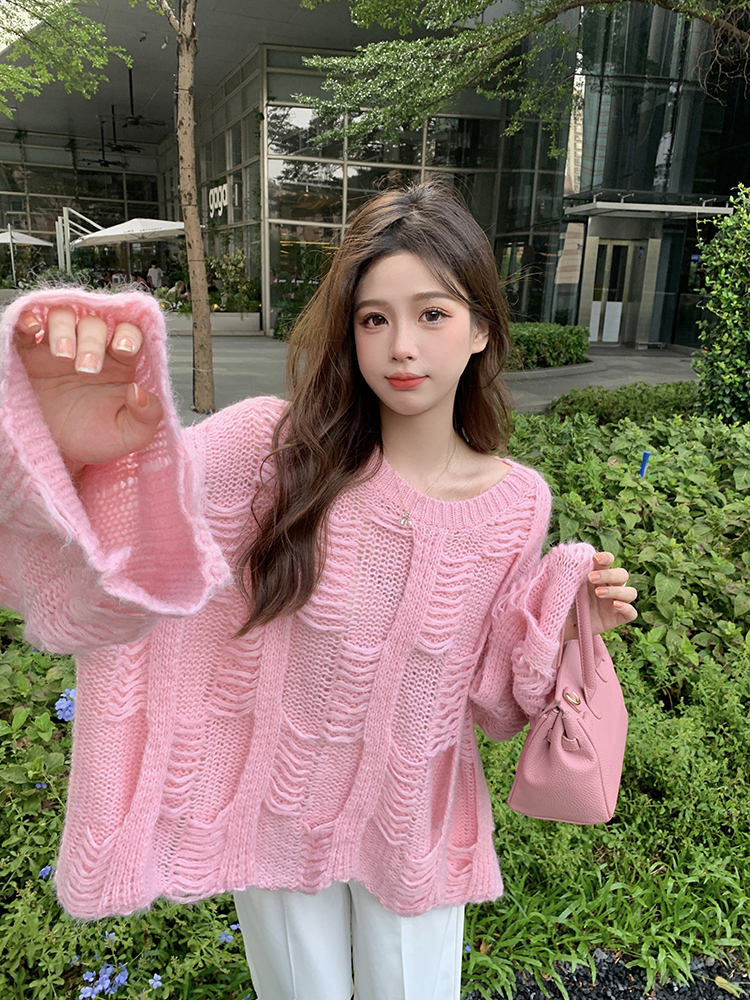 Gentle and lazy style pink short sweater women's design sense niche spring and autumn loose outer wear hollow knitted sweater top