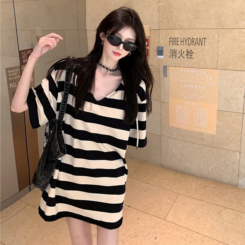 Large women's summer medium long lazy wind stripe loose hooded short sleeve T-shirt fat mm