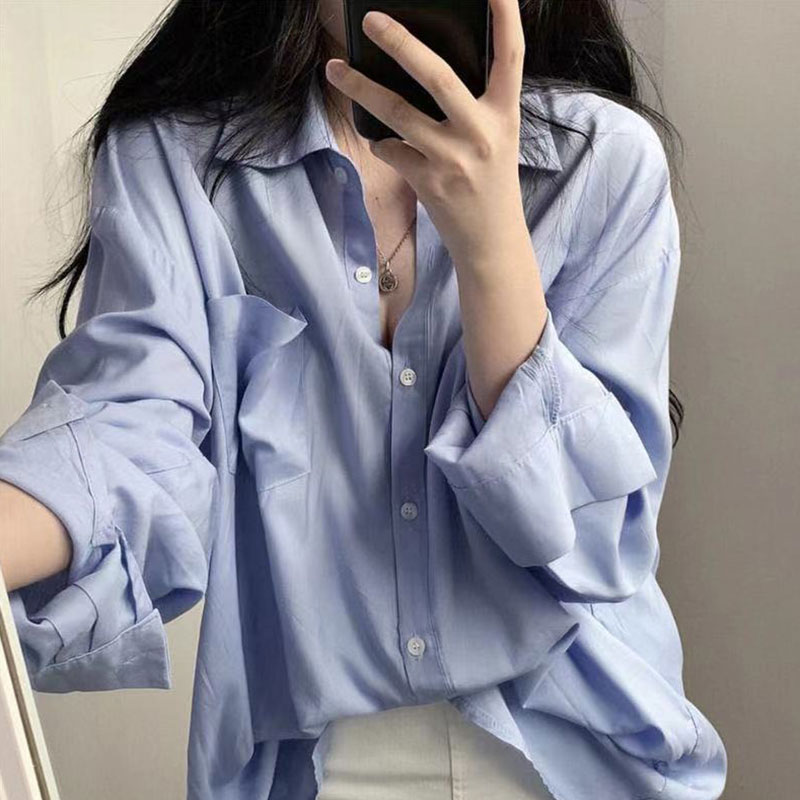Spring long sleeve shirt women's versatile Korean version loose medium and long design sense niche top fashion