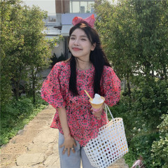 French puff sleeve floral shirt women 2022 new summer design sense niche chic shirt short-sleeved top