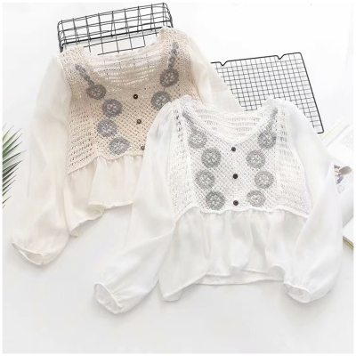2021 spring new casual literary style hollow out solid color stitched chiffon shirt V-neck short outer wear small blouse