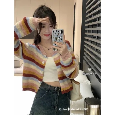 Korean rainbow strip knitted cardigan sweater coat women's spring and autumn new gentle loose round neck short top