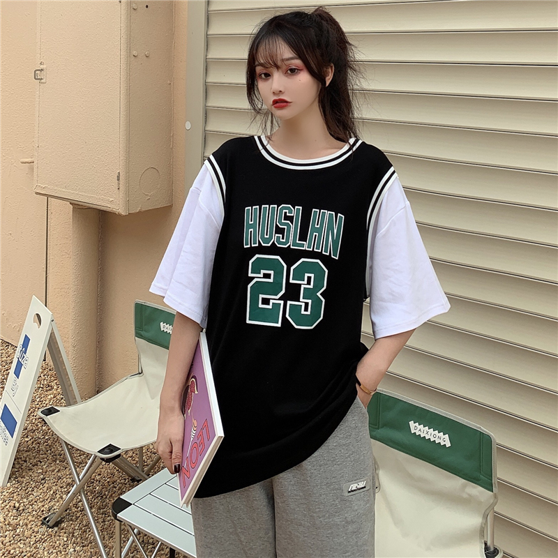 Real shooting of summer Korean BF style loose basketball suit fake two short sleeved t-shirt female