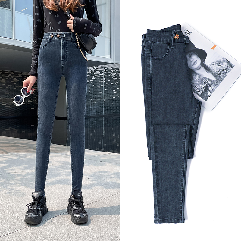 Actual shooting of fat sister large pants 2021 new fat mm pants multi button Korean small foot tight nine point jeans