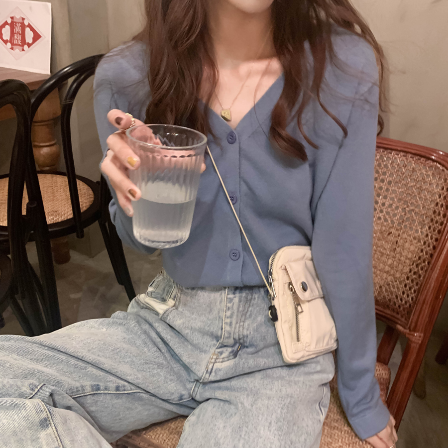 Spring and Autumn New Korean style pure color all-around collar long sleeve top loose short knitted cardigan for women